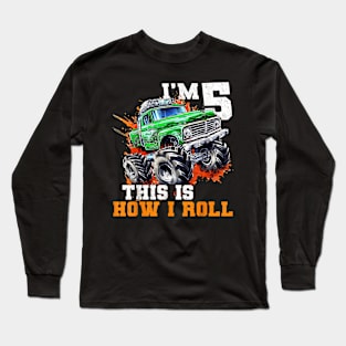 5 Year Old 5th Birthday Monster Truck Car Themed for Boy Long Sleeve T-Shirt